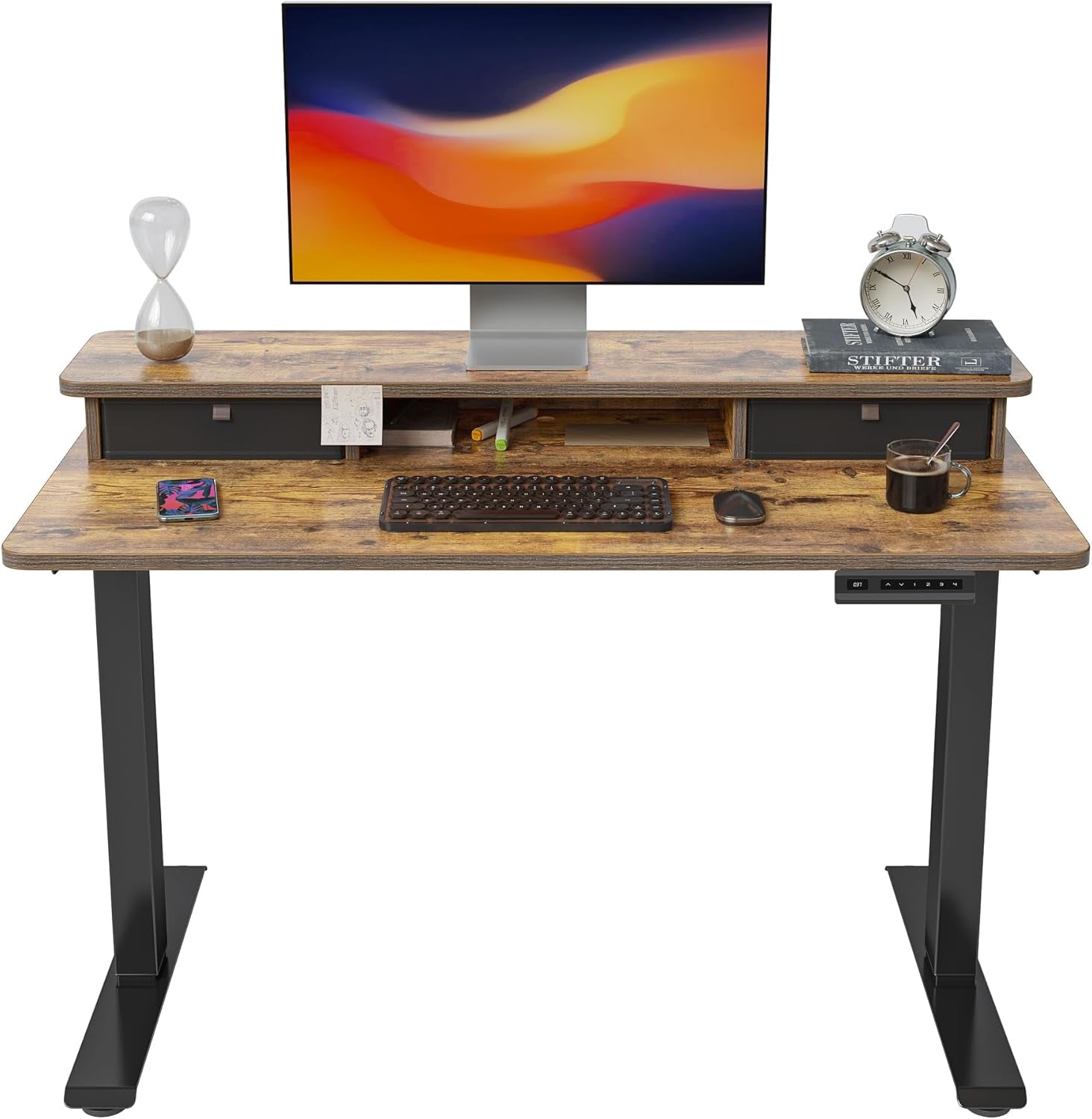 40 X 24 Inch Height Adjustable Electric Standing Desk with Double Drawer, Computer Desk, Home Office Stand up Table with 4 Height-Adjustable Feets & 2 Hooks, Rustic Brown